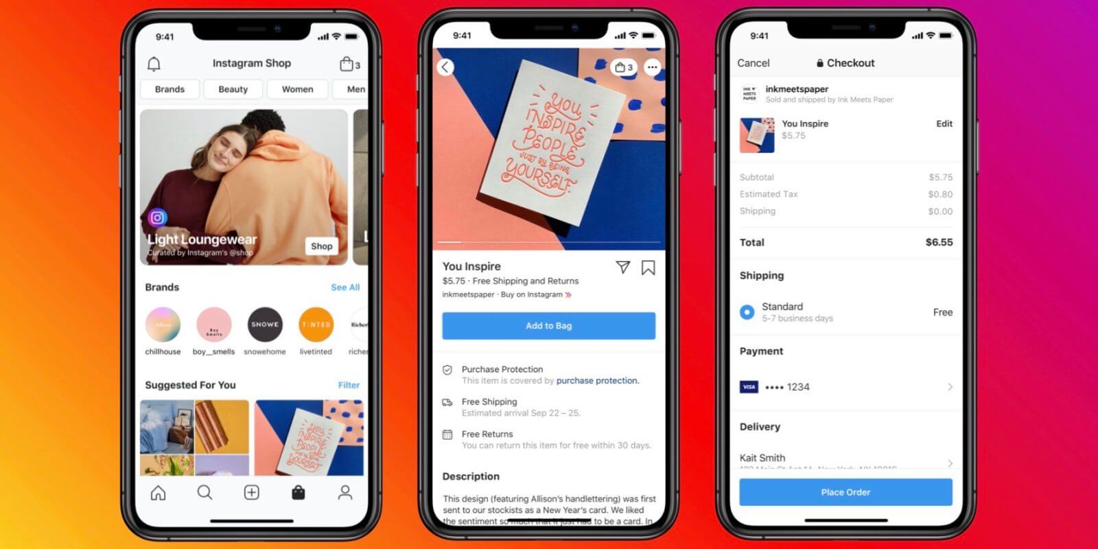 Tampilan Shops di Facebook dan Instagram yang terlihat dari tiga layar smartphone.